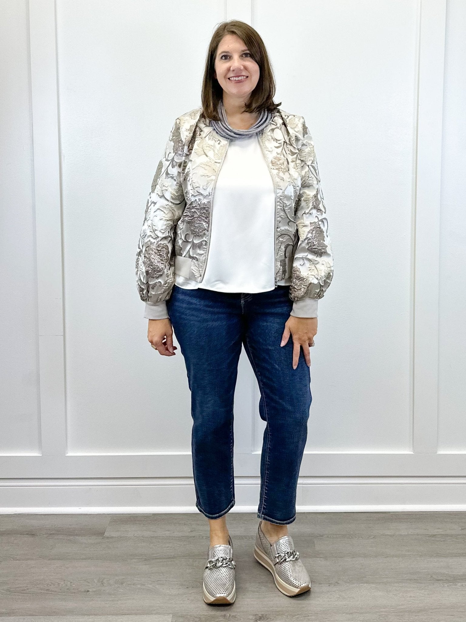 Long Puff Sleeve Floral Metallic Jacquard Bomber Jacket - Silver Outerwear VOY