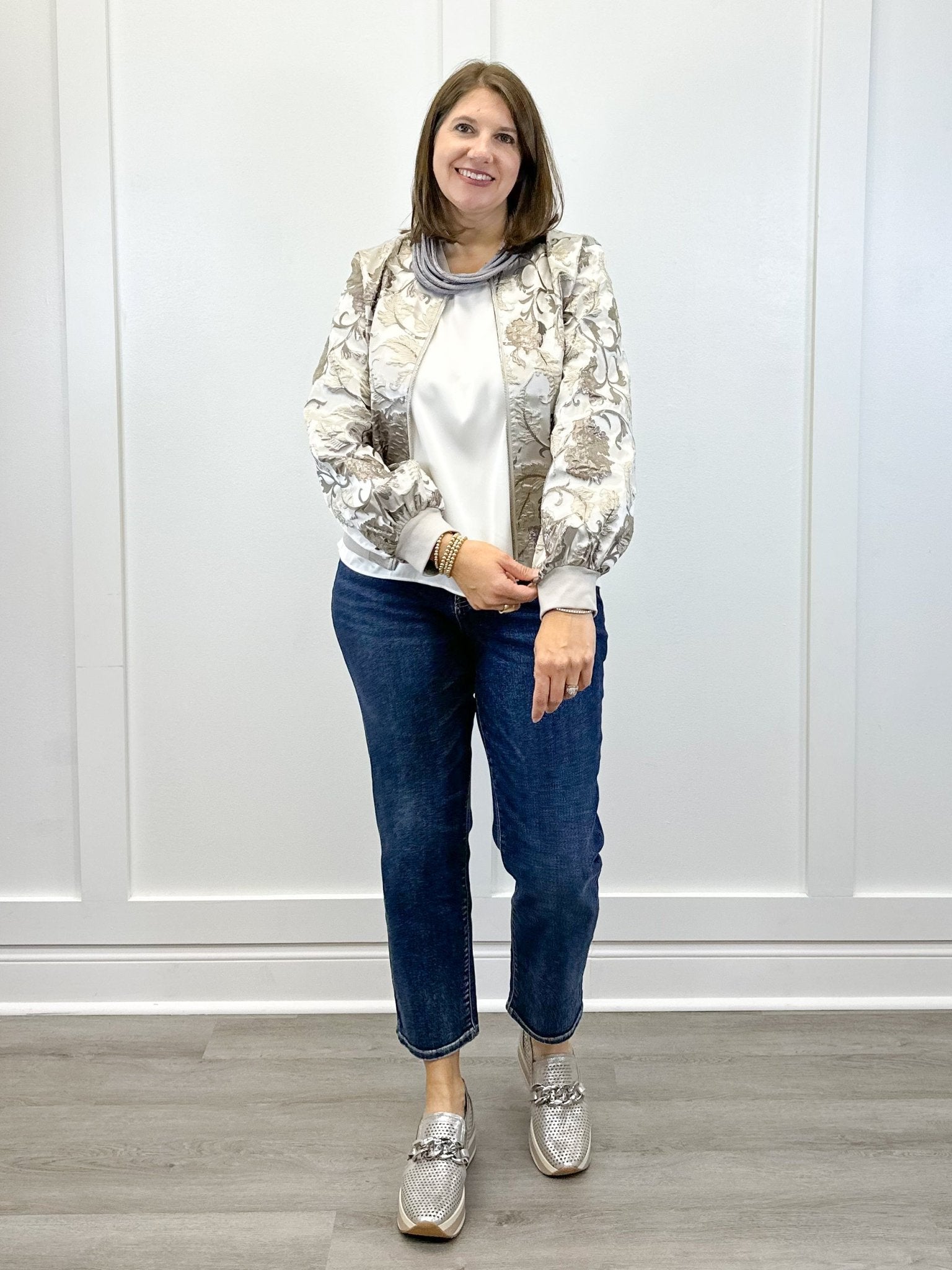 Long Puff Sleeve Floral Metallic Jacquard Bomber Jacket - Silver Outerwear VOY
