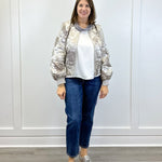 Long Puff Sleeve Floral Metallic Jacquard Bomber Jacket - Silver Outerwear VOY
