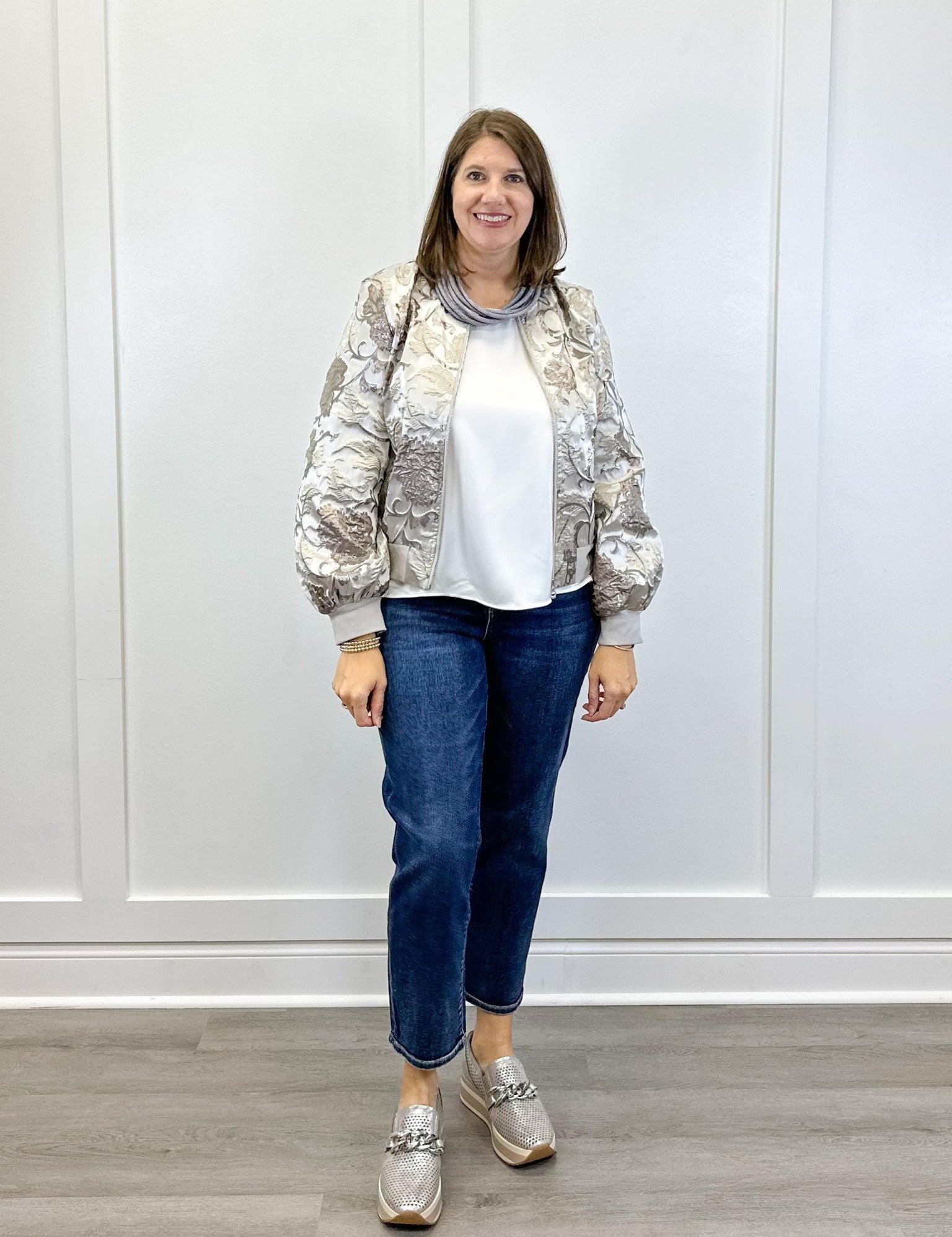 Long Puff Sleeve Floral Metallic Jacquard Bomber Jacket - Silver Outerwear VOY