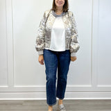 Long Puff Sleeve Floral Metallic Jacquard Bomber Jacket - Silver Outerwear VOY