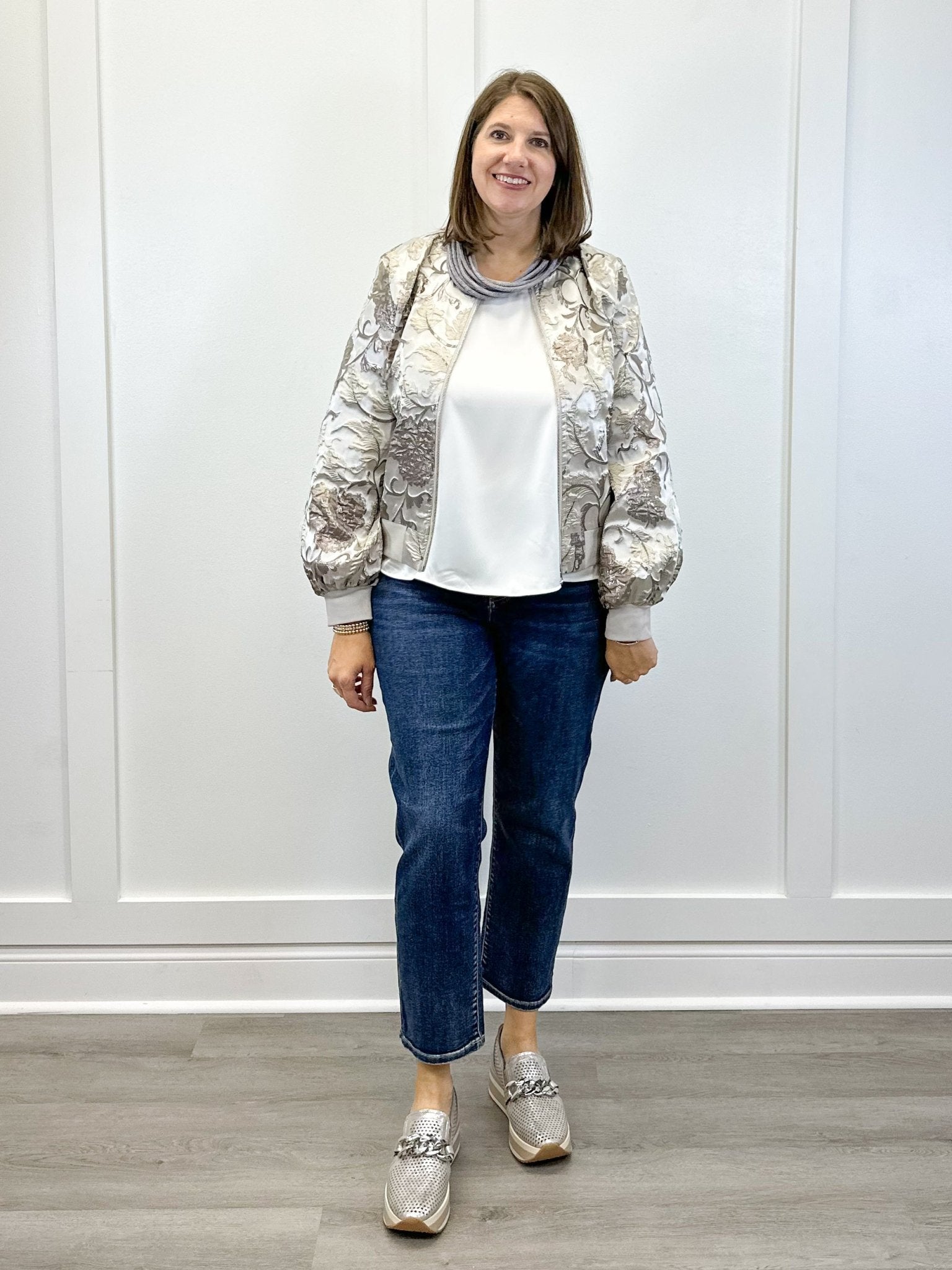 Long Puff Sleeve Floral Metallic Jacquard Bomber Jacket - Silver Outerwear VOY