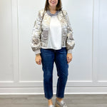Long Puff Sleeve Floral Metallic Jacquard Bomber Jacket - Silver Outerwear VOY
