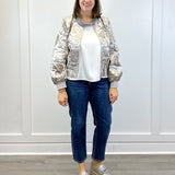 Long Puff Sleeve Floral Metallic Jacquard Bomber Jacket - Silver Outerwear VOY