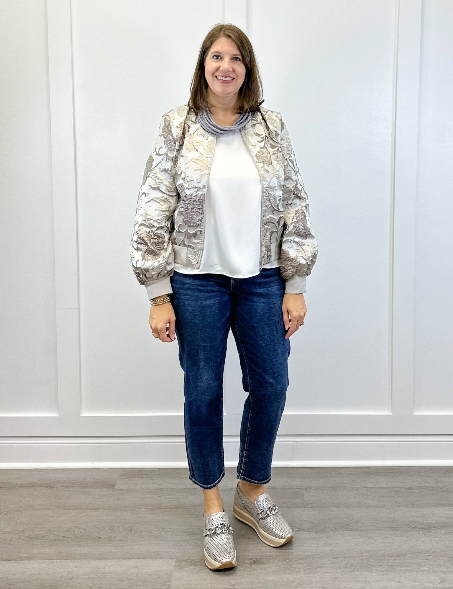 Long Puff Sleeve Floral Metallic Jacquard Bomber Jacket - Silver Outerwear VOY