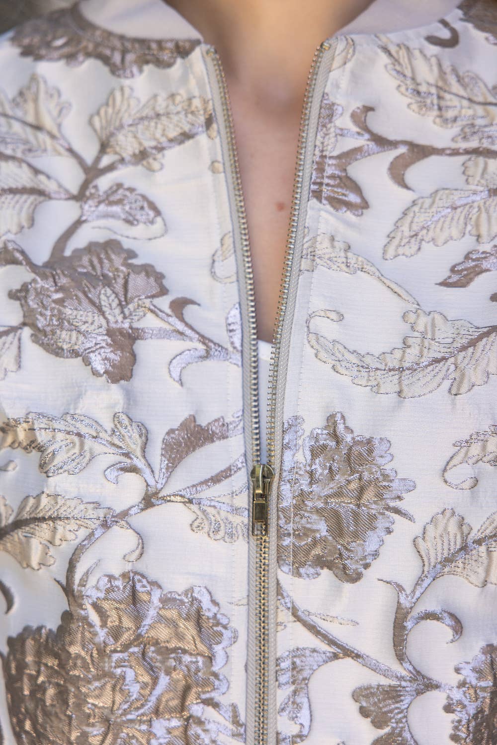 Long Puff Sleeve Floral Metallic Jacquard Bomber Jacket - Silver Outerwear VOY