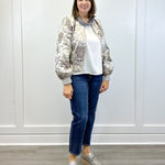 Long Puff Sleeve Floral Metallic Jacquard Bomber Jacket - Silver Outerwear VOY