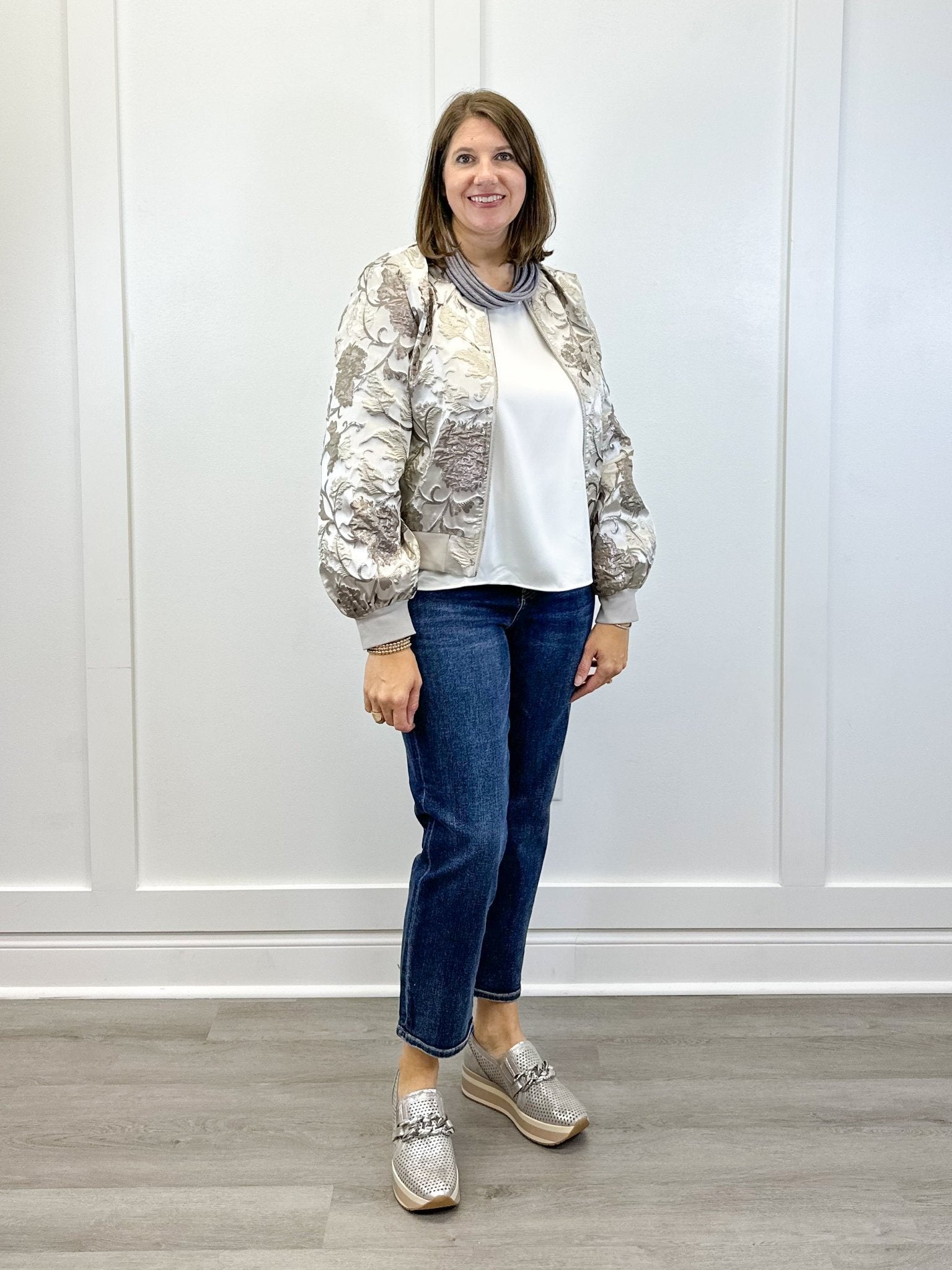 Long Puff Sleeve Floral Metallic Jacquard Bomber Jacket - Silver Outerwear VOY