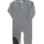 Long Sleeve Polo Romper - Navy Stripe Boys Bubbles + Rompers Little English