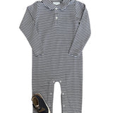 Long Sleeve Polo Romper - Navy Stripe Boys Bubbles + Rompers Little English