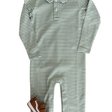 Long Sleeve Polo Romper - Watercress Stripe Boys Bubbles + Rompers Little English