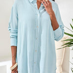 L/S Button Front Shirt w/ Back Placket - Lt. Aqua Sky Tops Tribal