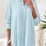 L/S Button Front Shirt w/ Back Placket - Lt. Aqua Sky Tops Tribal