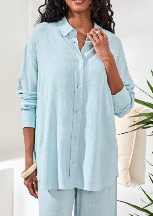 L/S Button Front Shirt w/ Back Placket - Lt. Aqua Sky Tops Tribal