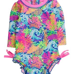 L/S One Piece Rash Guard - Neon Ocean Coral Kids Swim Rufflebutts