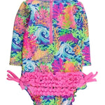 L/S One Piece Rash Guard - Neon Ocean Coral Kids Swim Rufflebutts