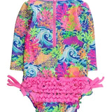 L/S One Piece Rash Guard - Neon Ocean Coral Kids Swim Rufflebutts