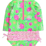 L/S One Piece Rash Guard - Neon Turtle Tide Kids Swim Rufflebutts