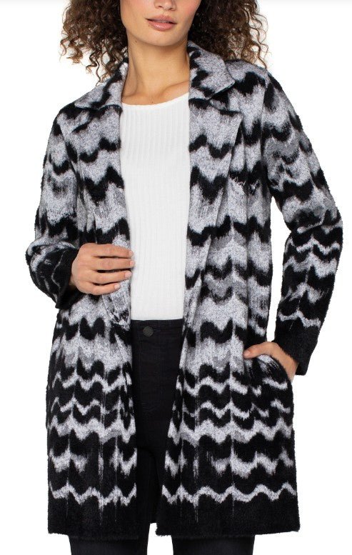 L/S Open Front Sweater Coat - Black/Gray Wavy Stripe Outerwear Liverpool