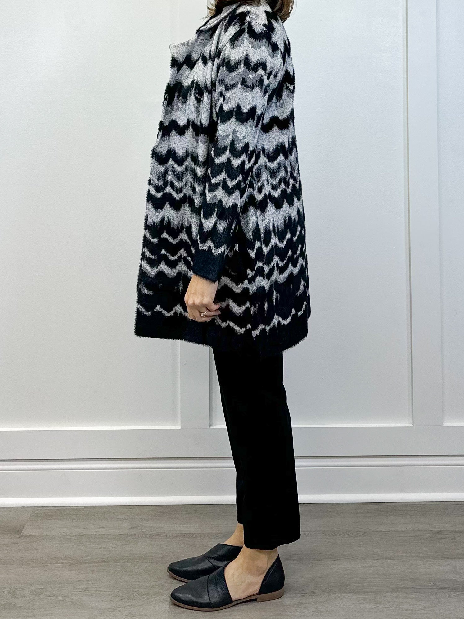 L/S Open Front Sweater Coat - Black/Gray Wavy Stripe Outerwear Liverpool