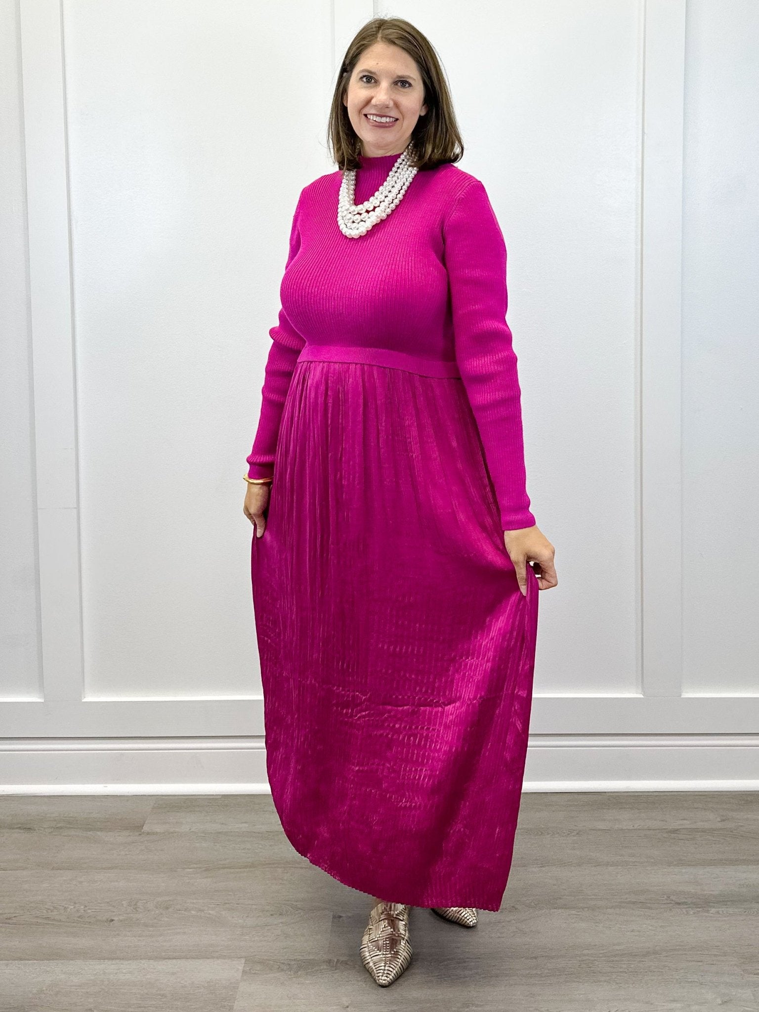 L/S Twofer Maxi Dress w/ Lining - Pink Flambe