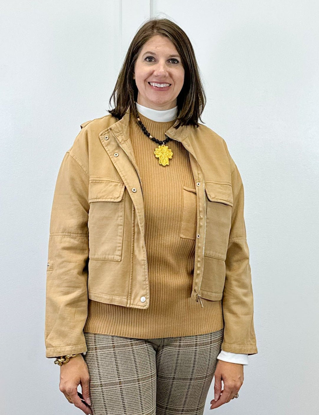 L/S Zip Front Jacket w/ Double Pockets - Ice Latte Outerwear Tribal