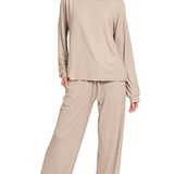Melange L/S Tee & Pants Set - Ash Mocha Tops Zenana