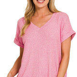 Melange V-Neck Tee - Candy Pink Tops Zenana