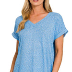 Melange V-Neck Tee - Ocean Blue Tops Zenana