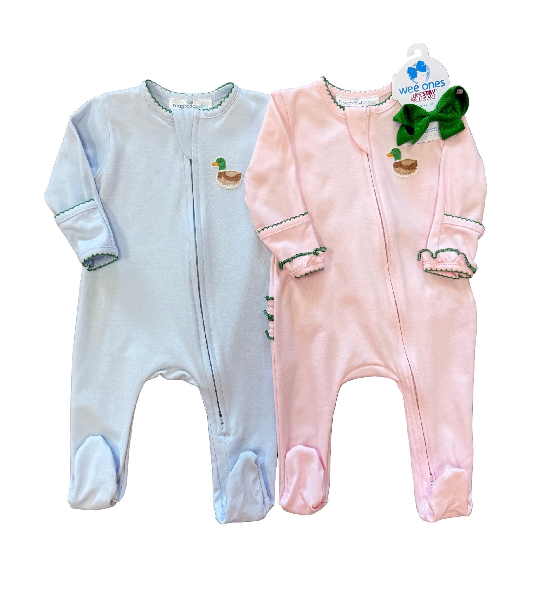 Mini Mallard Embroidered Ruffled Zipper Footie - Pink Baby Sleepwear Magnolia Baby