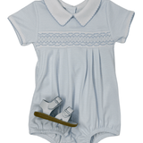 Mini Stripes Smocked Bubble - Lt. Blue Boys Bubbles + Rompers Magnolia Baby