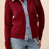 Mixed Media Sweater Jacket w/ Denim Detail Outerwear Tribal