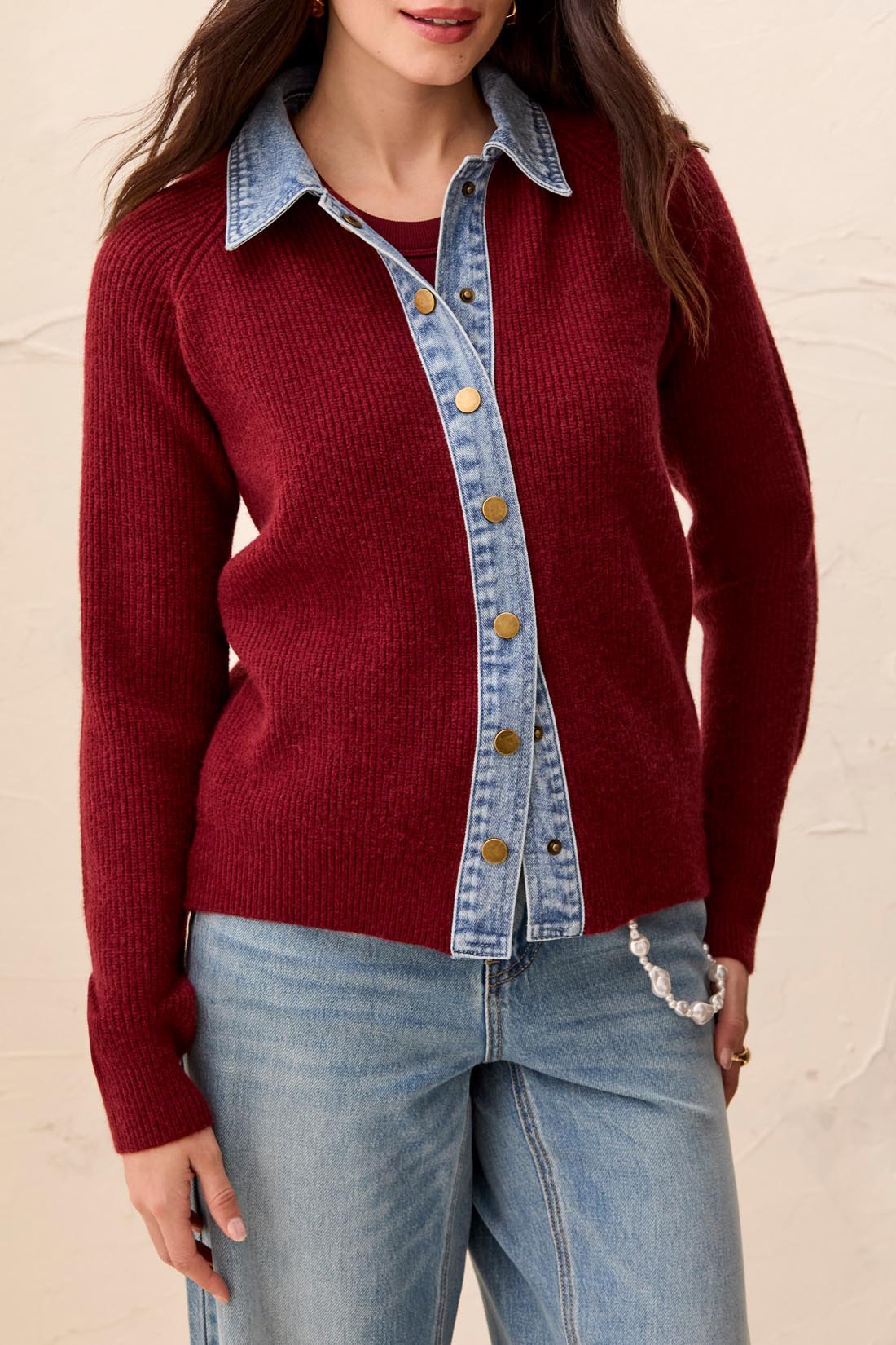 Mixed Media Sweater Jacket w/ Denim Detail Outerwear Tribal