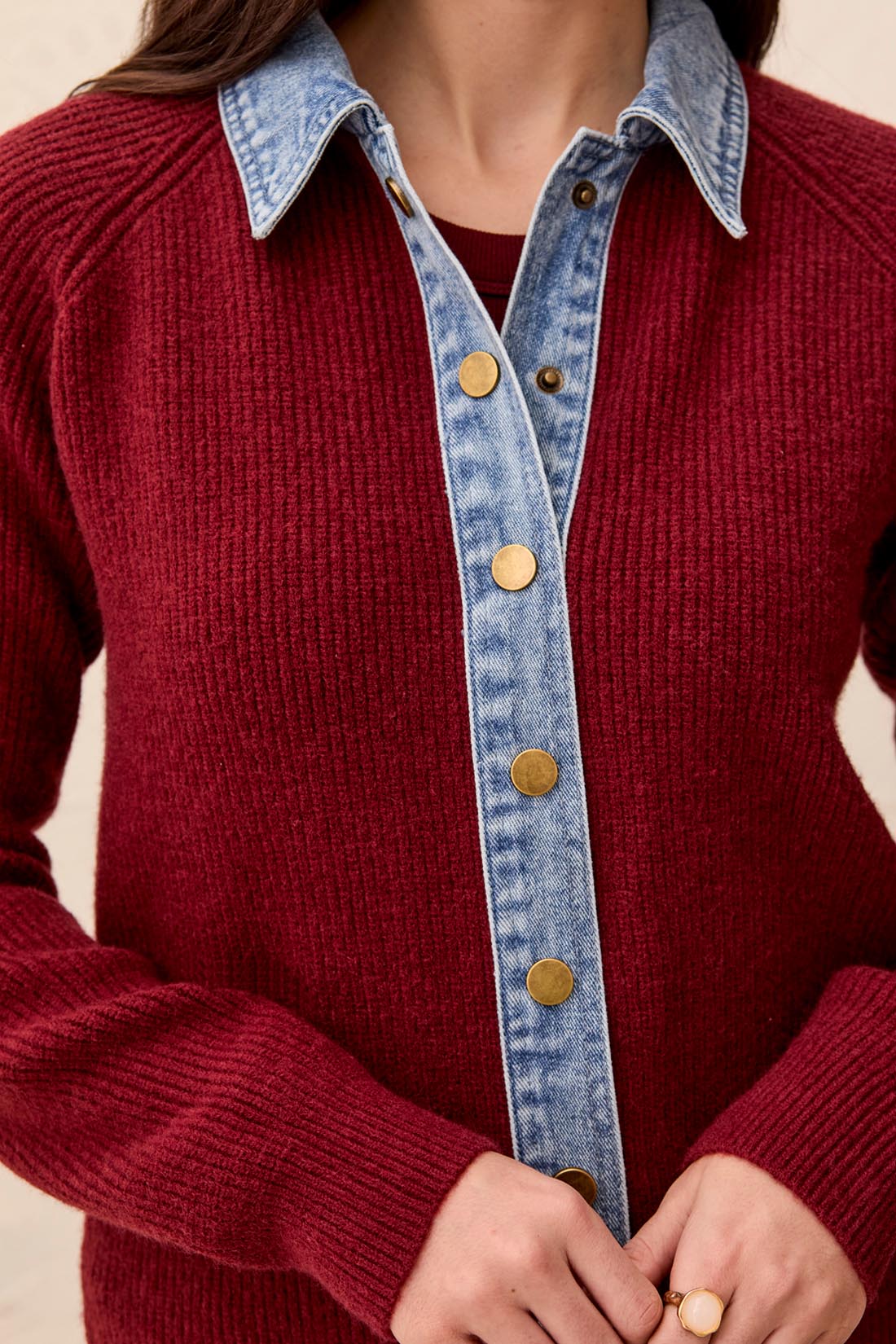 Mixed Media Sweater Jacket w/ Denim Detail Outerwear Tribal
