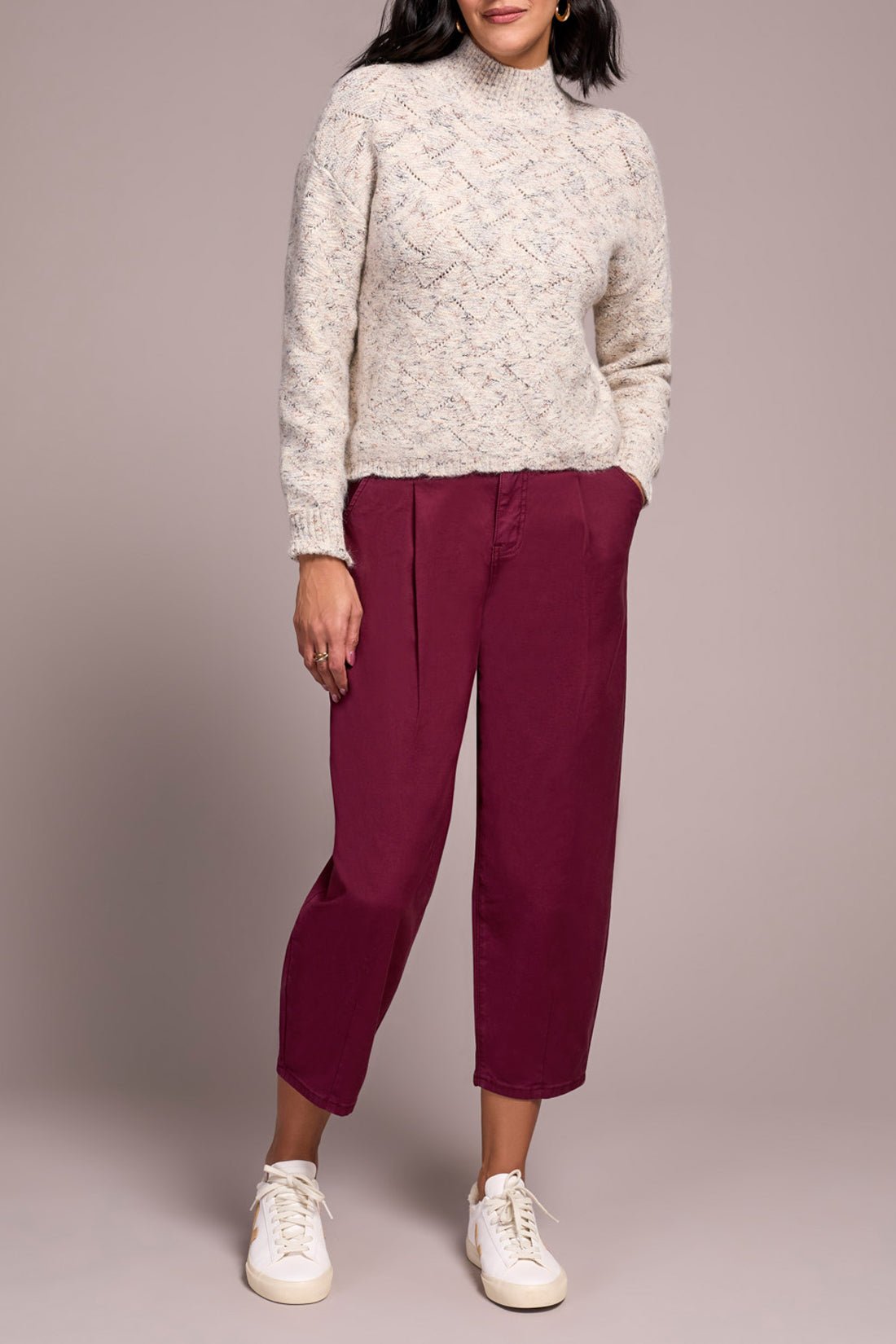 Mock Neck Puff Sleeve High Low Sweater - Cream Sweaters Tribal