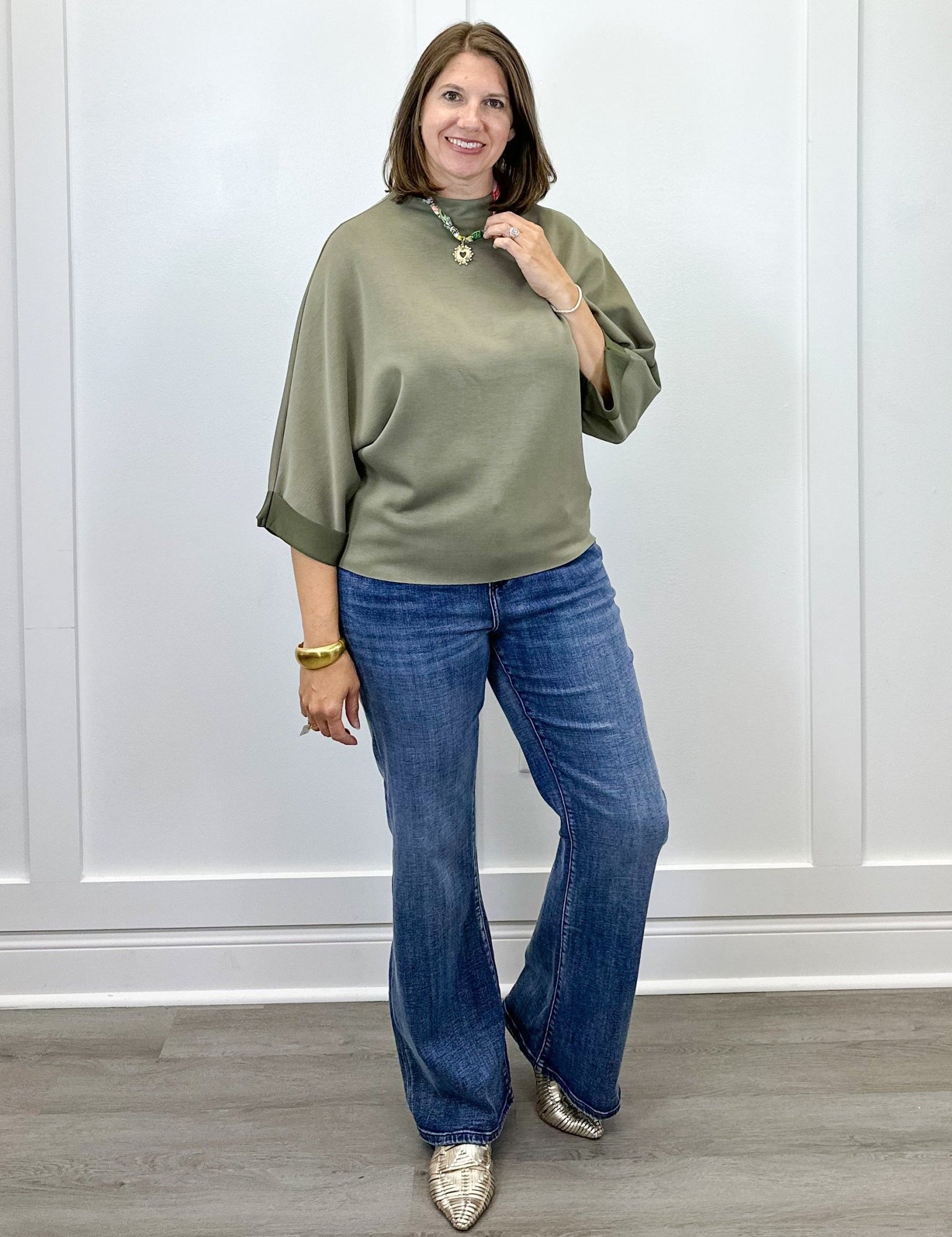 Mock Neck Top - Washed Olive Tops FATE