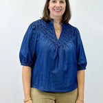 Olivia Textured Yoke Top - Blue Denim Tops VOY