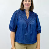 Olivia Textured Yoke Top - Blue Denim Tops VOY
