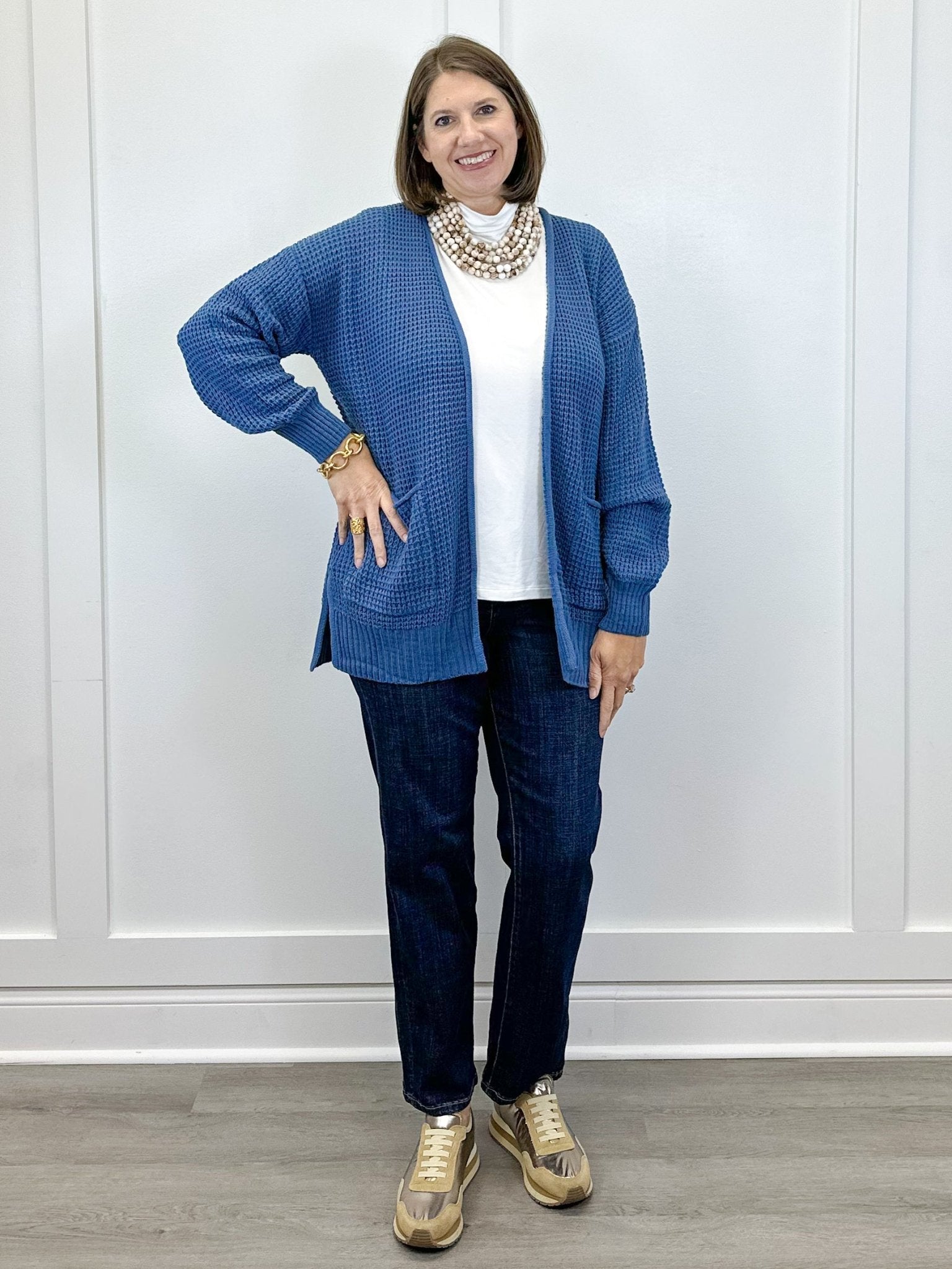 Parker Waffle Knit Cardigan - Dusty Blue Sweaters Zenana