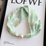 Pearl Magnetic Clasp Silky Print Scarf Necklace - Green Scene Misc Accessories ACCITY