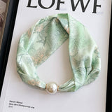 Pearl Magnetic Clasp Silky Print Scarf Necklace - Green Scene Misc Accessories ACCITY