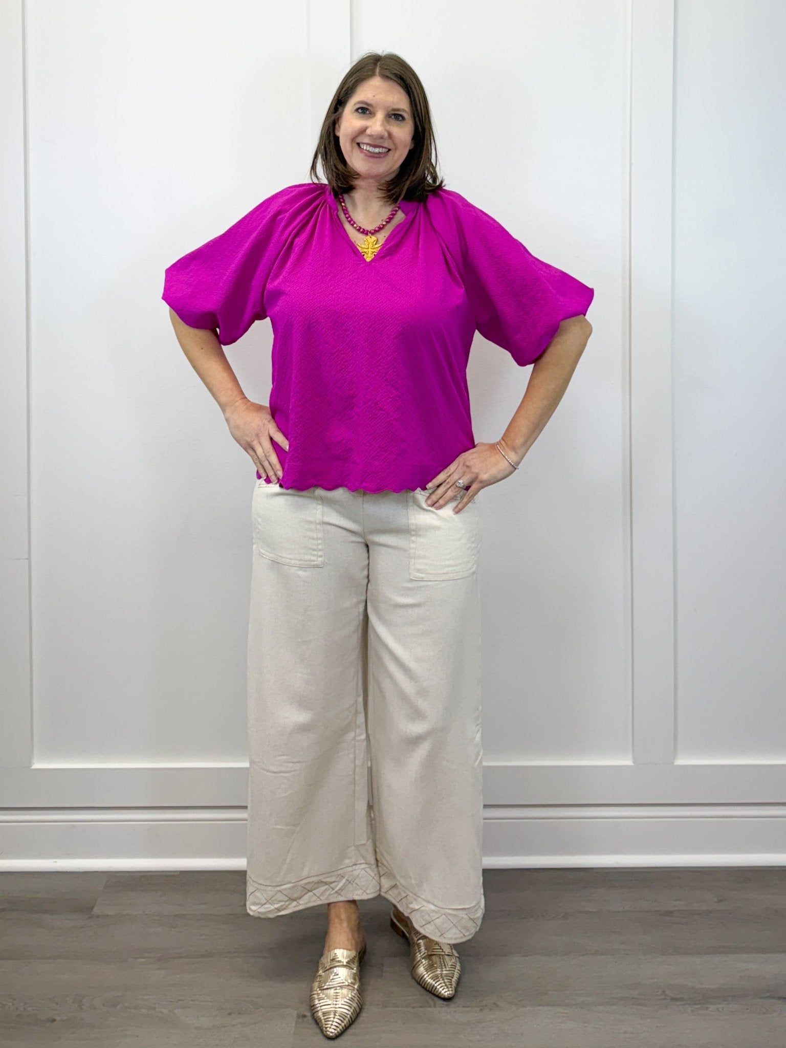 Petal Pop Puff Sleeve Blouse - Magenta Tops Umgee