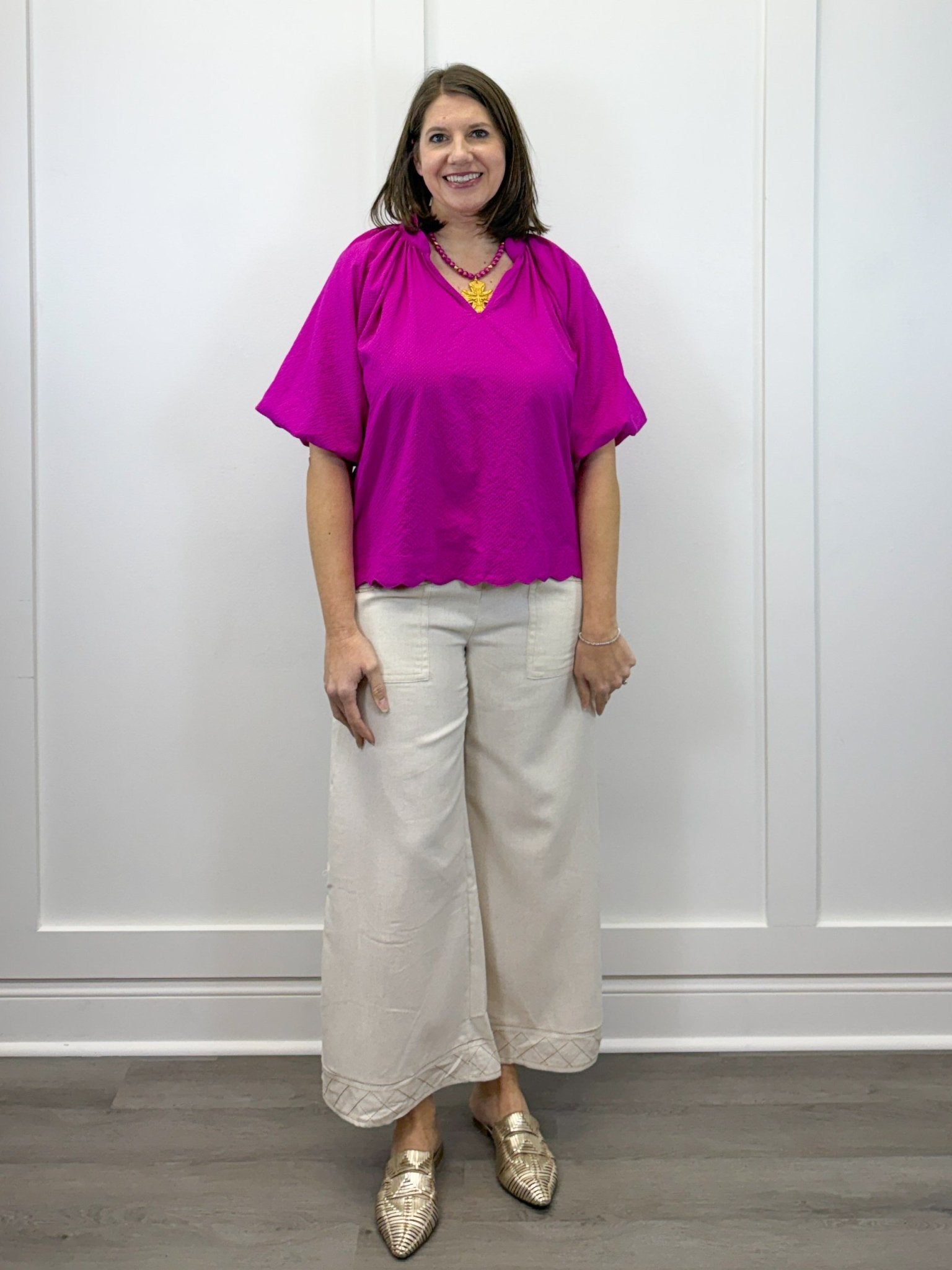Petal Pop Puff Sleeve Blouse - Magenta Tops Umgee