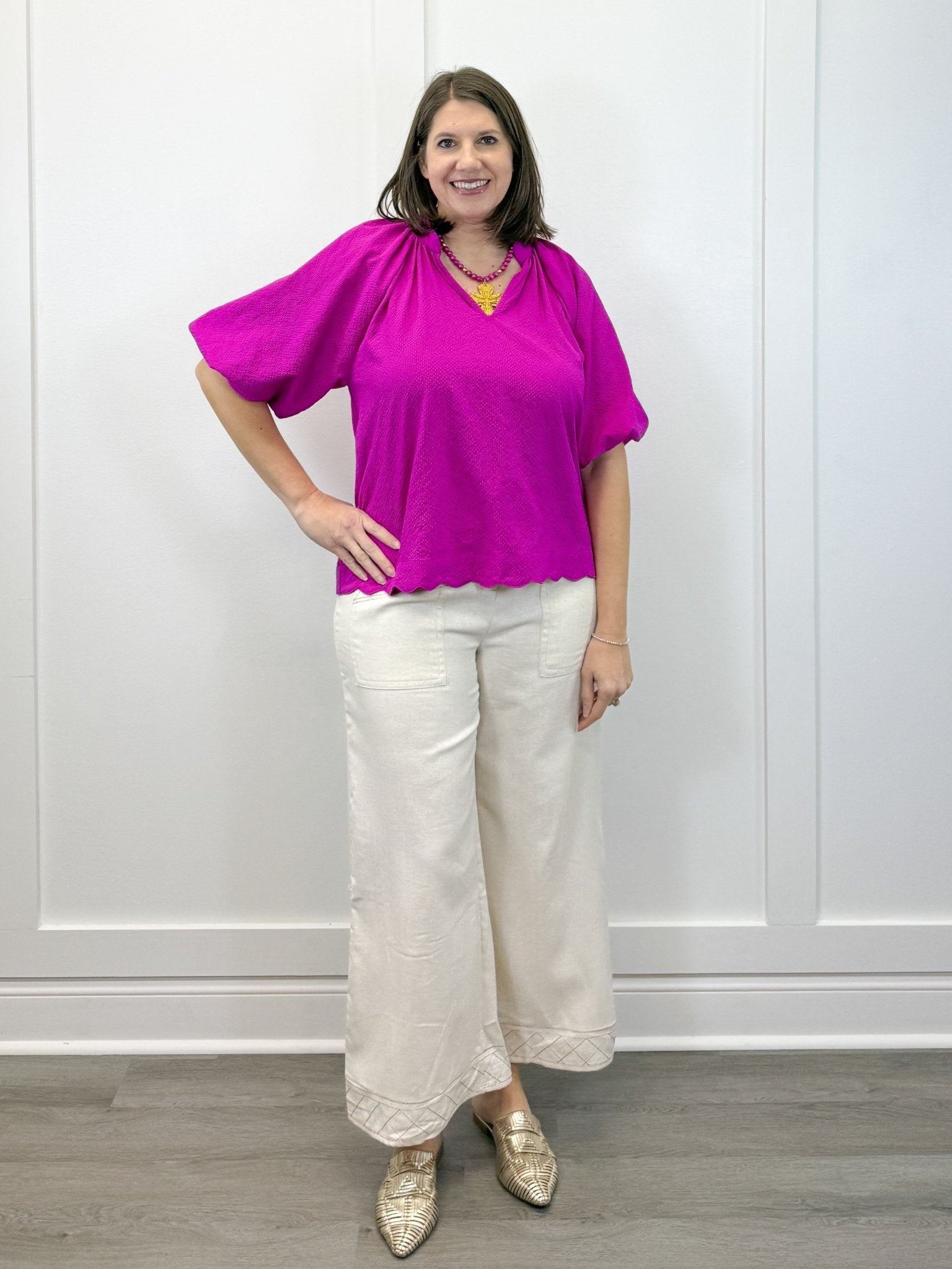 Petal Pop Puff Sleeve Blouse - Magenta Tops Umgee