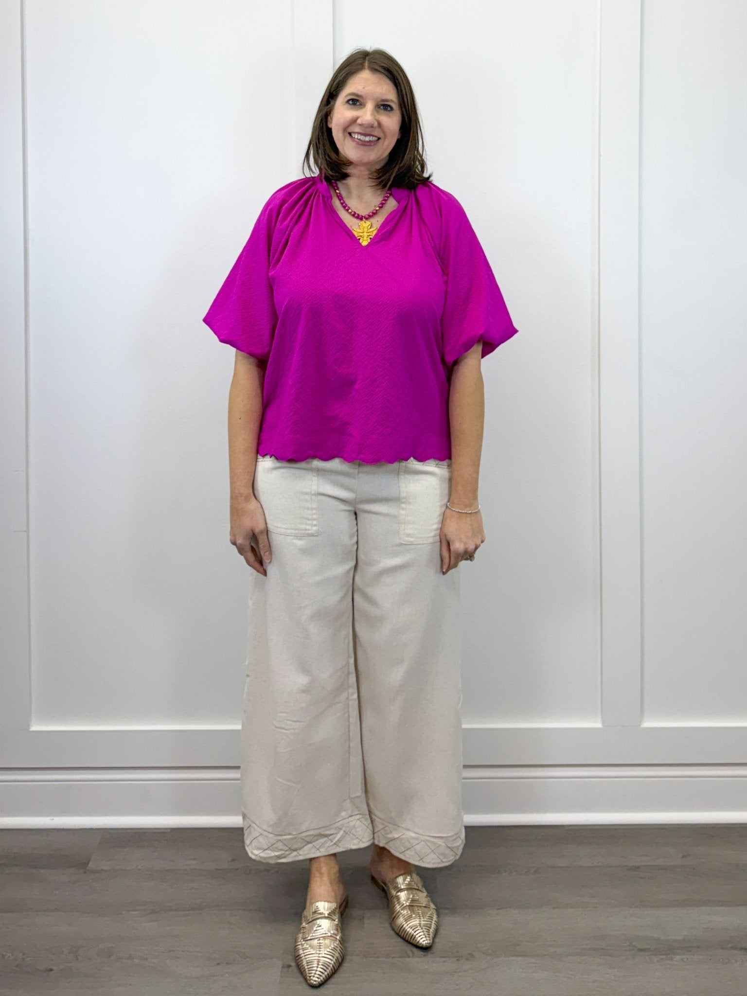 Petal Pop Puff Sleeve Blouse - Magenta Tops Umgee