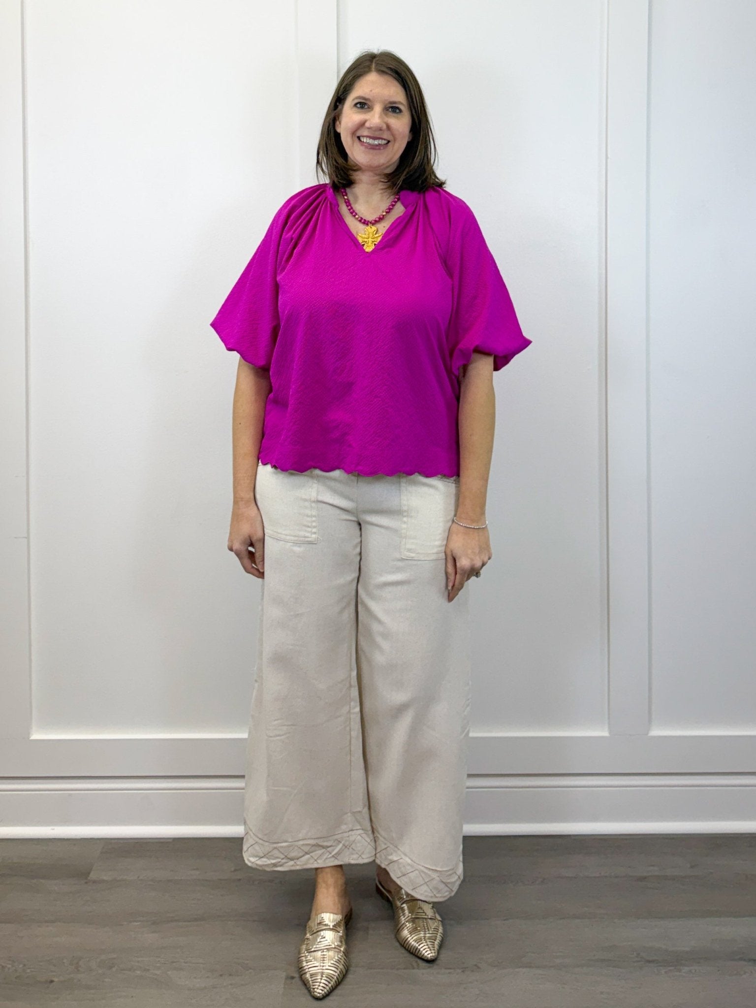 Petal Pop Puff Sleeve Blouse - Magenta Tops Umgee