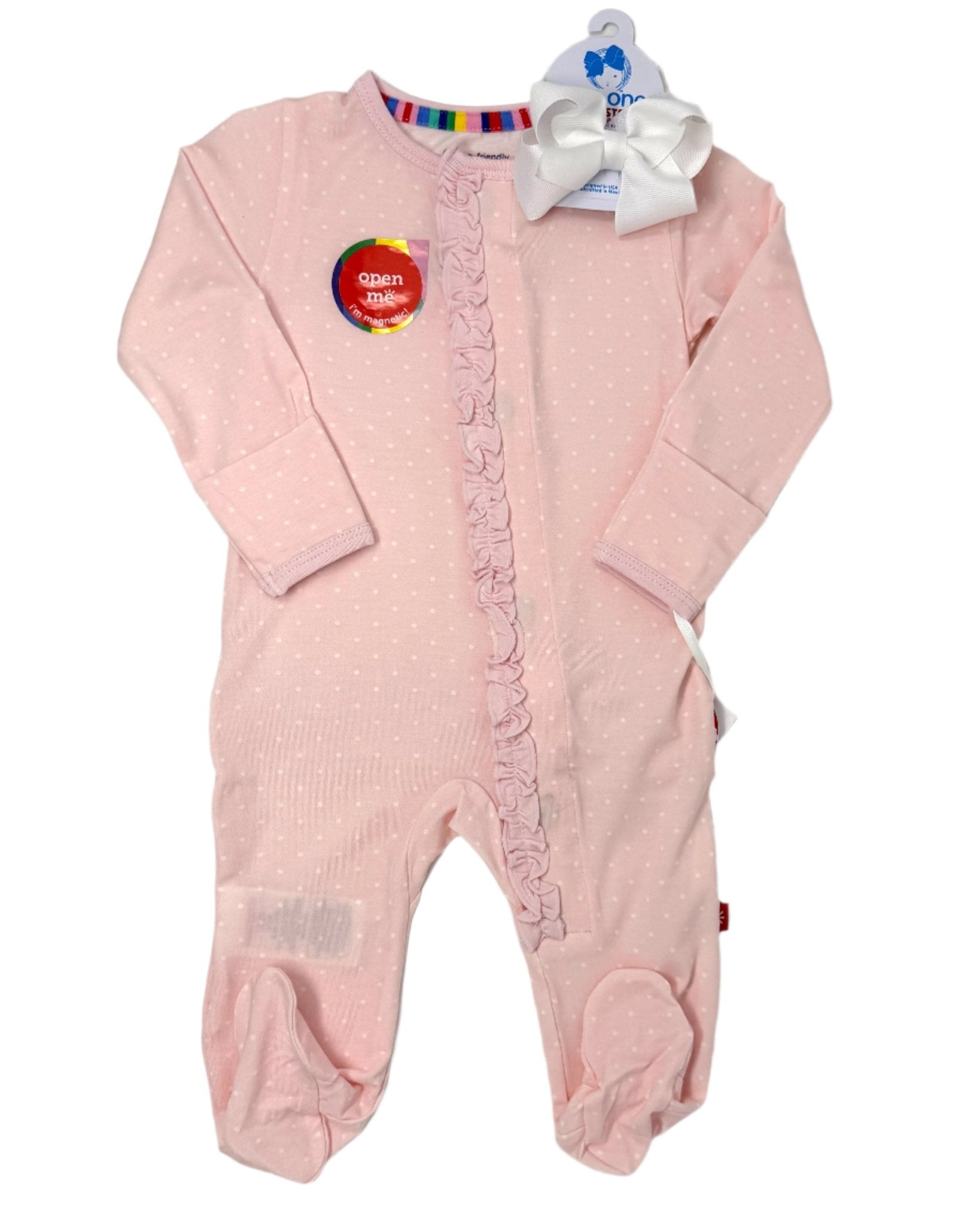Pin Dot Pink Ruffle Placket Footie Baby Sleepwear Magnetic Me