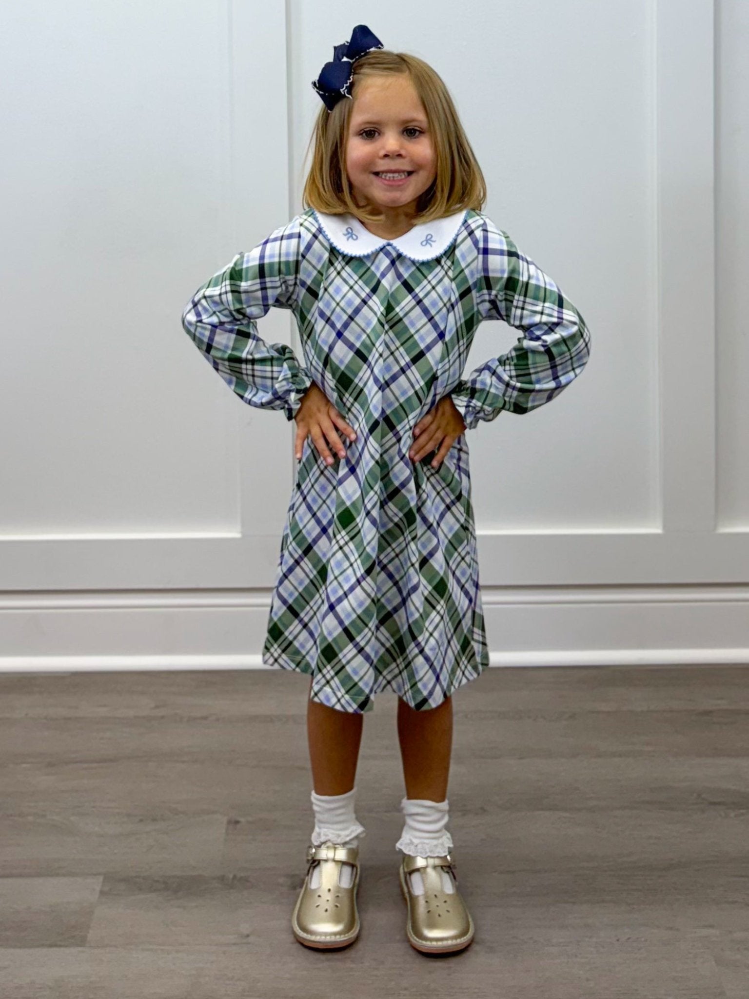 Presley Kait Dress - Lt. Blue & Navy Plaid Girls Play Dresses The Oaks Apparel Company
