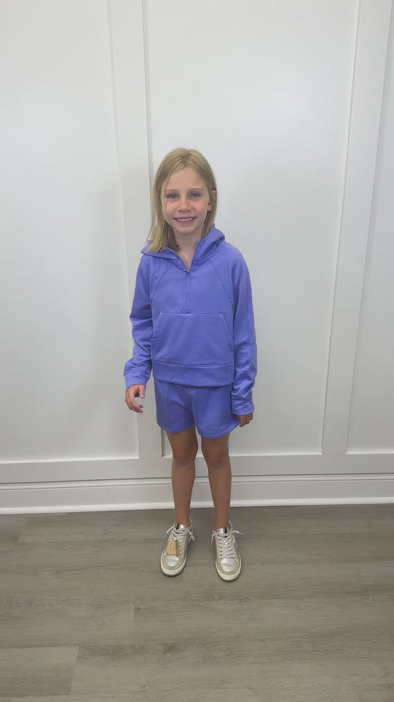 Girls Terry Brushed Half Zip Hoodie and Short Set - Periwinkle Girls Sets 90 Degree by Reflex