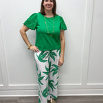 Pull On Ankle Pants w/ Pleats - Kelly/White Floral Pants Tribal